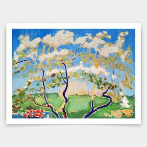 Puede incluir: Una pintura de un árbol con flores blancas sobre un fondo de cielo azul. El árbol está en primer plano, con un campo verde y un edificio blanco en el fondo. La pintura está realizada en un estilo suelto e impresionista.