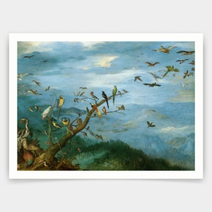 May include: A painting of a variety of birds in a blue sky with a mountain range in the background. The birds are perched on a tree branch and flying in the air. The painting is done in a realistic style.