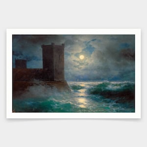 Puede incluir: Una pintura de una torre de piedra oscura en un acantilado rocoso con vistas a un mar tormentoso. La luna es visible en el cielo, proyectando un suave resplandor sobre el agua.