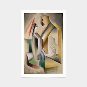 以下が含まれることがあります： 赤、緑、青、黄、白の色合いの幾何学的な形をした抽象画。絵は、質感のある表面のキャンバスに描かれている。右下の隅にアーティストの署名が見える。