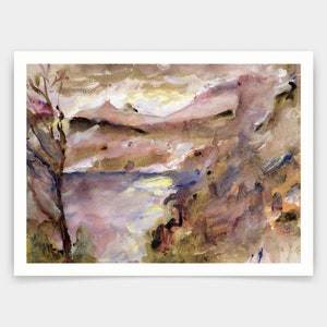 May include: A watercolor painting of a landscape with a lake in the foreground, mountains in the background, and a tree on the left side of the painting. The sky is a light brown color with hints of yellow and pink.