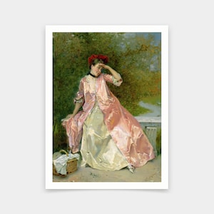 May include: A woman in a pink dress and a red hat sits on a bench in a garden setting. She is looking off to the side, and a basket with a white cloth is beside her.