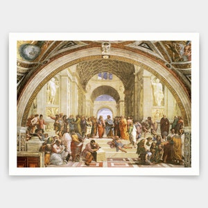 May include: A Renaissance-era painting depicting a group of philosophers and scholars gathered in a grand hall. The figures are arranged in a semi-circle, with a central figure in the middle. The painting is filled with rich colors and details, including intricate architectural elements and a sense of depth and perspective.