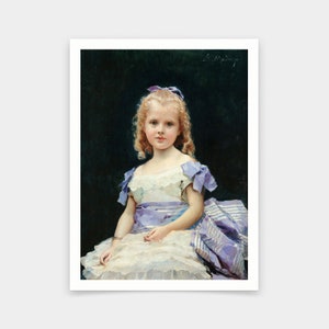 May include: A portrait painting of a young girl with blonde curly hair wearing a white dress with a purple sash and a bow in her hair. The background is dark.