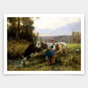 Julien Dupre,Cows at the Watering Hole,art prints,Vintage art,canvas wall art,famous art prints,V4511