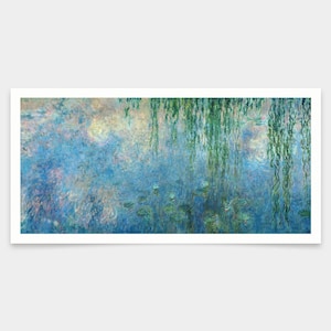 Puede incluir: Una pintura de un estanque con nenúfares y ramas de sauce llorón que cuelgan sobre el agua. El agua es de un color azul claro con toques de rosa y morado. Las ramas de sauce son de un color verde oscuro.