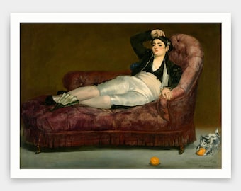 May include: A painting of a person reclining on a chaise lounge with a white and black cat sitting on the floor. The person is wearing a white and black outfit and has their hand on their forehead. The chaise lounge is a deep red color and has a gold trim. There is an orange fruit on the floor in front of the chaise lounge.