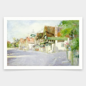Puede incluir: Una pintura de acuarela de una pintoresca escena de un pueblo inglés. La pintura representa un edificio blanco con un techo de paja y un letrero verde que dice "The Swan Inn". Hay otros edificios en el fondo, y un carruaje tirado por caballos está conduciendo por la calle.