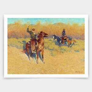 Puede incluir: Una pintura de tres vaqueros a caballo cabalgando por un campo de hierba alta. Los vaqueros visten ropa y sombreros occidentales tradicionales. Los caballos son marrones y negros. El cielo es azul y el sol brilla. La pintura está realizada en un estilo realista con atención al detalle.