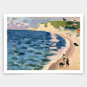 May include: A painting of a seascape with a white cliff in the background. The sea is a vibrant blue with white waves. There are people on the beach in the foreground.