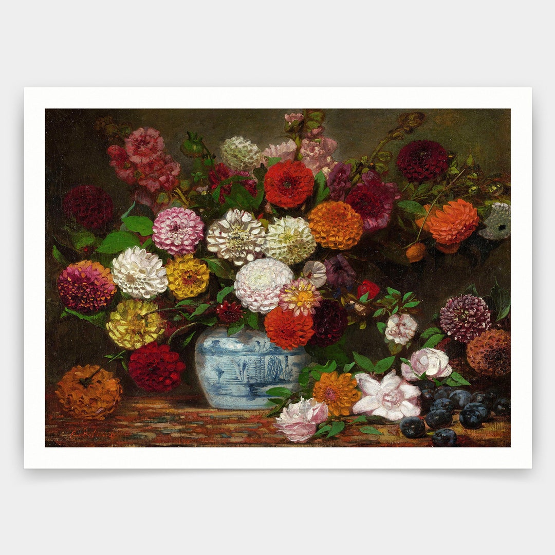 Eugène Delacroix,still Life With Dahlias,zinnias,hollyhocks and Plums,1835,art Prints,vintage