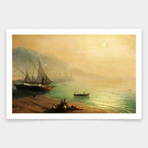 Puede incluir: Una pintura de un paisaje marítimo con un gran barco atracado en una costa. El barco tiene velas marrones y está en primer plano de la pintura. El fondo muestra un acantilado rocoso y un cielo brumoso. Hay varios barcos pequeños en el agua.