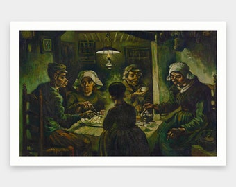 May include: A painting depicting a group of people seated around a table in a dimly lit room. The individuals are wearing plain clothes and seem to be partaking in a meal. The artwork is executed in a style typical of Vincent van Gogh, featuring strong brushstrokes and vivid colours.