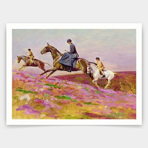 Cecil Charles Windsor Aldin,Lady Currie with Her Sons Bill and Hamish Hunting on Exmoor,art prints,Vintage,canvas,famous art prints,V3316