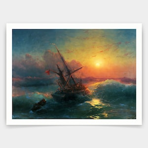 Puede incluir: Una pintura que representa un barco en un mar tormentoso al atardecer. El barco está parcialmente sumergido en el agua, con olas rompiendo a su alrededor. El cielo es una mezcla de naranja, amarillo y morado, con un sol brillante que brilla a través de las nubes. La pintura es una representación dramática y poderosa de las fuerzas de la naturaleza.