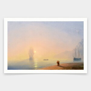 Puede incluir: Una pintura que representa un paisaje marítimo con dos barcos navegando en un mar tranquilo al atardecer. El cielo es de un rosa y naranja suave, y el agua es de un azul profundo. Tres figuras se encuentran en la costa, observando cómo los barcos se alejan.