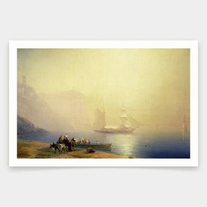 Puede incluir: Una pintura que representa un barco navegando en un mar tranquilo, con un grupo de personas en la costa en primer plano. El cielo es de un amarillo pálido y el agua es de un azul profundo. El barco es un velero de tres mástiles con velas blancas. Las personas en la costa están vestidas con ropa tradicional.