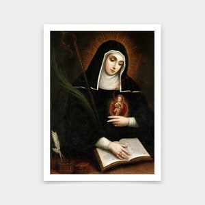 May include: A painting of a woman in a black habit, holding a book and a quill pen. She has a halo above her head and a small image of a child in her chest. The painting is in a traditional style.