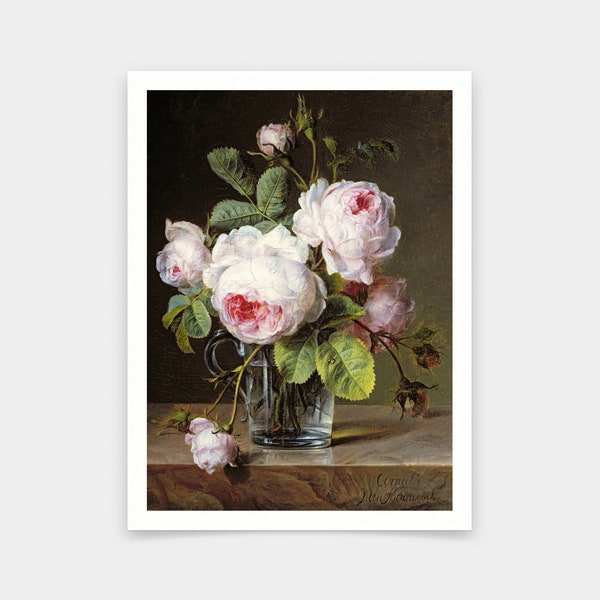 Cornelis van Spaendonck,Roses in a Glass Vase on a Ledge,art prints,Vintage art,canvas wall art,famous art prints,V5534
