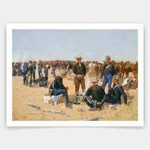 May include: A painting depicting a group of soldiers in blue uniforms gathered around a campfire in a desert landscape. The soldiers are seated and standing, some are holding rifles, and others are cooking over the fire. The scene is set against a backdrop of a large group of horses and riders in the distance.