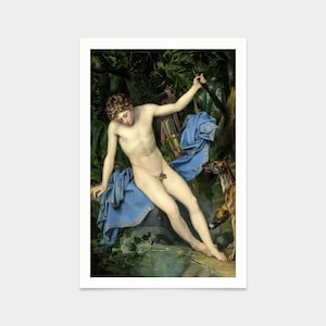 May include: A painting of a young man, possibly a god, sitting on a rock by a stream. He is nude except for a blue cloth draped around his waist. He is holding a bow and arrow in his left hand. A dog is sitting beside him.