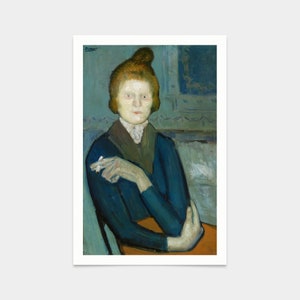 May include: A painting of a woman with red hair sitting in a chair. She is wearing a blue dress and has a white object in her hand. The background is a light blue color.