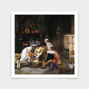 May include: A painting depicting a group of people in a kitchen setting. A chef in a white uniform is working with a large block of butter, while others watch. The scene is set in a dimly lit room with wooden beams and a stone fireplace.