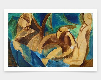 May include: Abstract painting of three figures in shades of brown, yellow, and blue. The figures are intertwined and appear to be in motion. The background is a vibrant blue with hints of green.