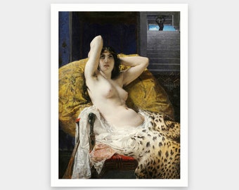 May include: A painting of a woman reclining on a yellow and gold cushion, wearing a white garment and a leopard skin. She has dark hair and is looking to the side. The painting is set in a room with a window in the background.