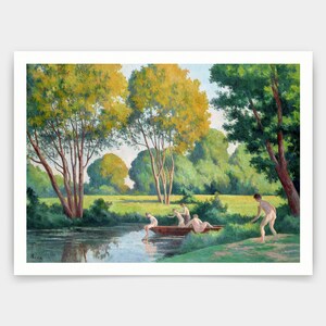 May include: A painting depicting a group of people in a boat on a lake. The lake is surrounded by trees and the sky is blue. The people are all wearing bathing suits and are enjoying the warm weather.