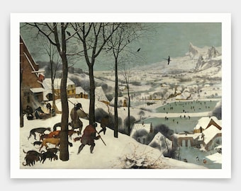 May include: A framed print of a winter landscape scene. The artwork depicts figures with dogs hunting in a snowy environment, with a village and mountains in the background. Bare trees and a bird are also visible.