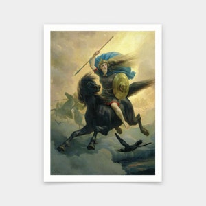 May include: A framed print of a painting showing a woman on a black horse, soaring through clouds. She's clad in armour, a crown, and a blue cape, wielding a spear and shield. A raven flies past, with figures in the background.
