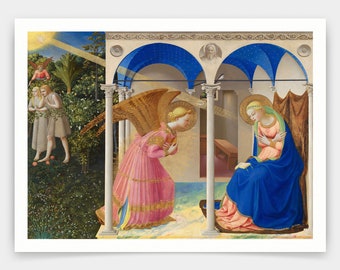 May include: A painting depicting the Annunciation, a scene from the Christian Bible. An angel with golden wings and a pink robe kneels before the Virgin Mary, who is seated in a blue robe and reading a book. The scene is set in a garden with a blue sky and a star shining above.