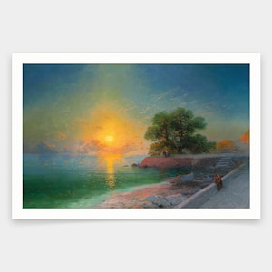 Puede incluir: Una pintura que representa un paisaje marítimo al atardecer con un gran árbol en la costa. El sol se pone sobre el agua, proyectando un brillo dorado en la escena. Hay figuras de pie en la costa y un pequeño bote en el agua.