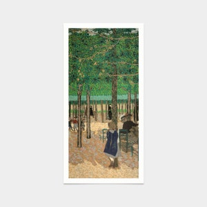 Puede incluir: Una pintura que representa una escena de parque con personas caminando y sentadas en bancos bajo una copa de árboles. Los árboles son verdes y el suelo está cubierto de hojas caídas. La pintura está realizada en un estilo puntillista.