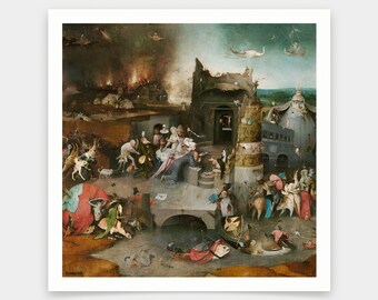 May include: A painting depicting a scene of chaos and destruction. In the foreground, a group of people are gathered around a central figure, while in the background, a city is burning. The painting is filled with vivid colors and intricate details, and it is a powerful example of the artist's skill.