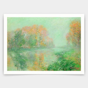 May include: A painting of a river scene with trees on either side of the water. The trees are a mix of green and orange, and the water is a light blue-green. The sky is a light blue, and there is a hazy atmosphere.