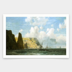 Puede incluir: Una pintura que representa un paisaje marítimo con un barco navegando junto a acantilados rocosos y un pequeño pueblo en la distancia. El cielo es de un azul claro con nubes blancas y esponjosas. El agua es de un azul profundo con olas blancas.