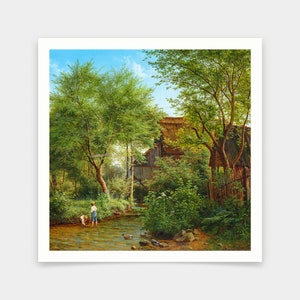 May include: A painting of a rural scene with a small stream running through a lush green forest. Two children are wading in the stream, and a few ducks are swimming in the water. A wooden building with a thatched roof is visible in the background.
