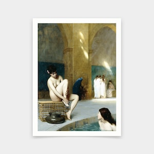 May include: A painting depicting a woman sitting on a bench in a tiled room, washing her foot.  She is nude and has dark hair.  There is a large tiled pool in the foreground and other women in the background.