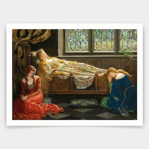 May include: A painting depicting three women in a room with a large window. The woman in the center is lying on a bed with her long blonde hair flowing down. The woman on the left is wearing a red dress and the woman on the right is wearing a blue dress.