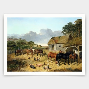 以下が含まれることがあります： 納屋、馬、豚、鶏が描かれた田園風景の絵画。納屋は茅葺き屋根で、芝生の畑に囲まれている。馬は水槽の周りに集まり、豚は土を掘っている。鶏は地面をつついている。