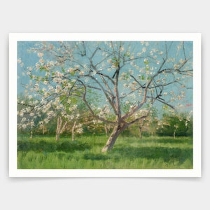 Könnte beinhalten: Ein Gemälde eines blühenden Apfelbaums auf einem Feld. Der Baum befindet sich in der Mitte des Gemäldes und ist von anderen Bäumen umgeben. Der Himmel ist blau und das Gras ist grün.