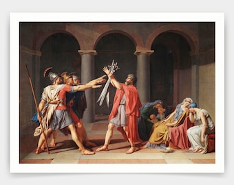 May include: A framed print of a classical painting depicting a dramatic scene. A man in a red cloak holds swords aloft, while figures in Roman attire gesture towards him. Women in draped garments sit nearby, conveying emotion.