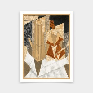Puede incluir: Una pintura de bodegón de estilo cubista que presenta una tetera marrón y blanca, un objeto rectangular marrón y naranja, y un fondo blanco con lunares negros y blancos.