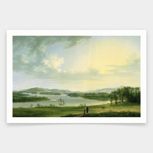 May include: A framed landscape painting depicting a serene river scene. The artwork features a couple walking on a path, sailboats on the water, and rolling hills under a cloudy sky. The color palette includes greens, blues, and yellows.