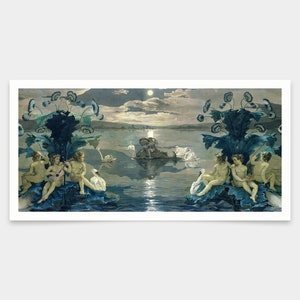 Puede incluir: Una impresión vintage representa una serena escena lacustre bajo la luz de la luna. Figuras desnudas están sentadas sobre hojas grandes, algunas con cisnes. La obra de arte presenta un estilo clásico con colores suaves e imágenes detalladas, evocando tranquilidad y fantasía.