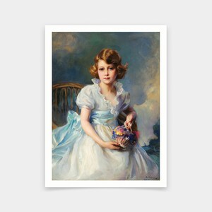 May include: A painting of a young girl in a white dress with a blue sash, holding a basket of flowers. She is sitting in a chair with a light blue background.