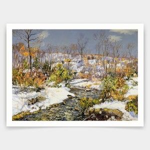 May include: A painting of a snowy landscape with a winding stream flowing through the center. The stream is surrounded by trees and bushes, some of which are bare and others are covered in snow. The sky is a light blue with some clouds.
