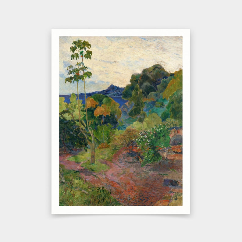 May include: A painting of a tropical landscape with a path leading through lush green foliage. The scene features a tall, slender tree with a few branches and a distant view of a body of water.